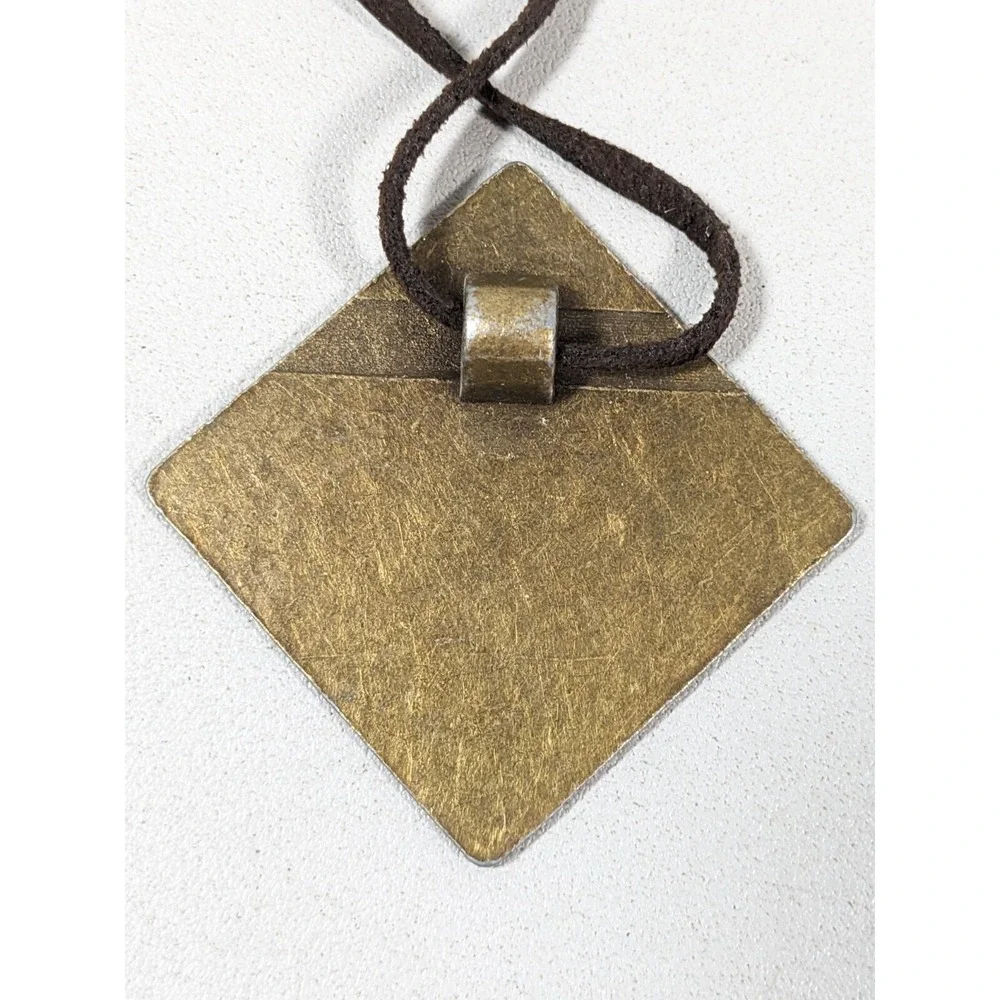 Beachy Tribal Boho Bronze Tone Spiral Square‎ Pendant Cord Necklace 20 inch